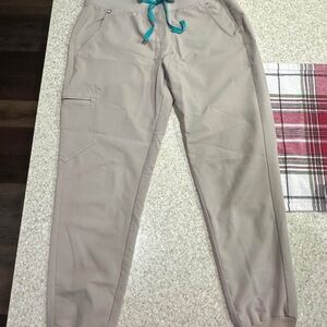 Figs Women's Cargo Pants in Tan with Teal Drawstring